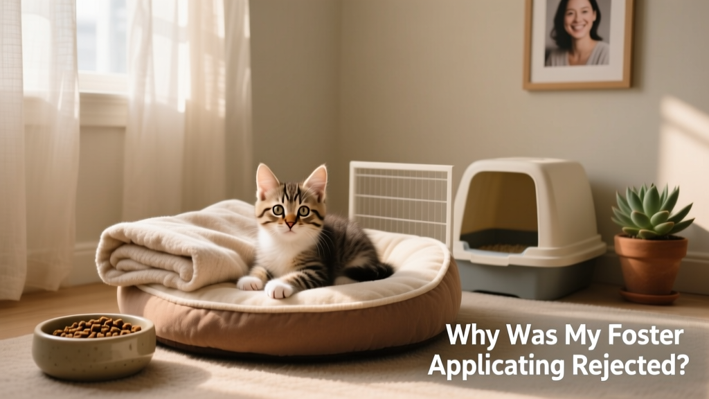 A clean, quiet spare room set up with a pet bed, food bowl, litter box, and soft blanket for a foster kitten