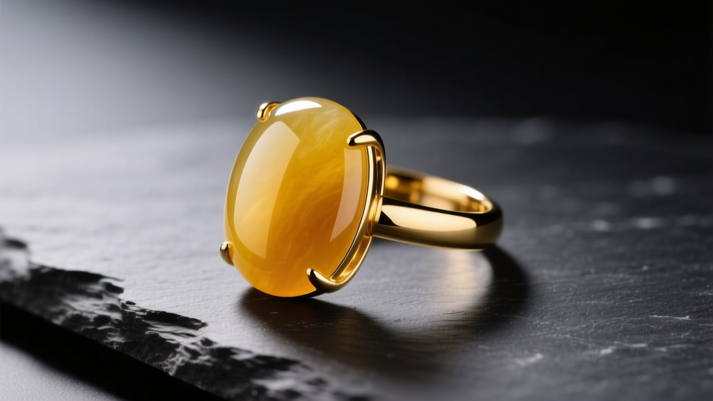 Polished honey-yellow jadeite cabochon ring set in 18k gold resting on dark slate, illuminated by soft directional studio lighting