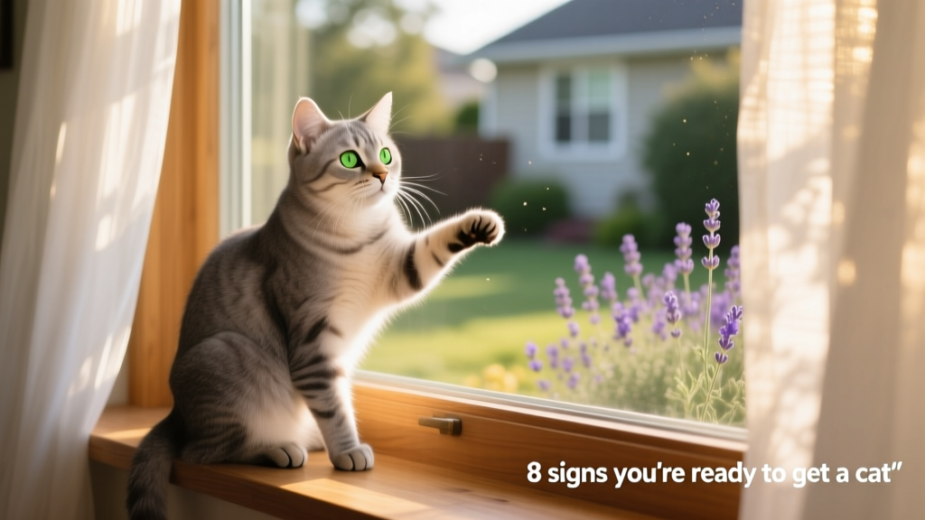 A relaxed, curious cat sitting on a sunlit windowsill, looking out