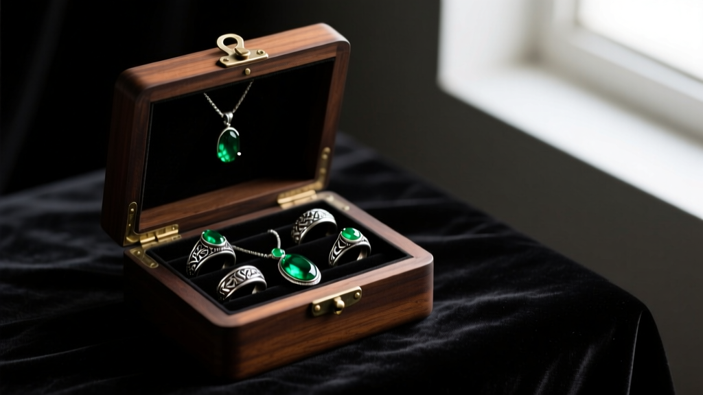 Open dark wood wicked jewelry box on black velvet displaying oxidized silver rings and emerald pendants under moody lighting.