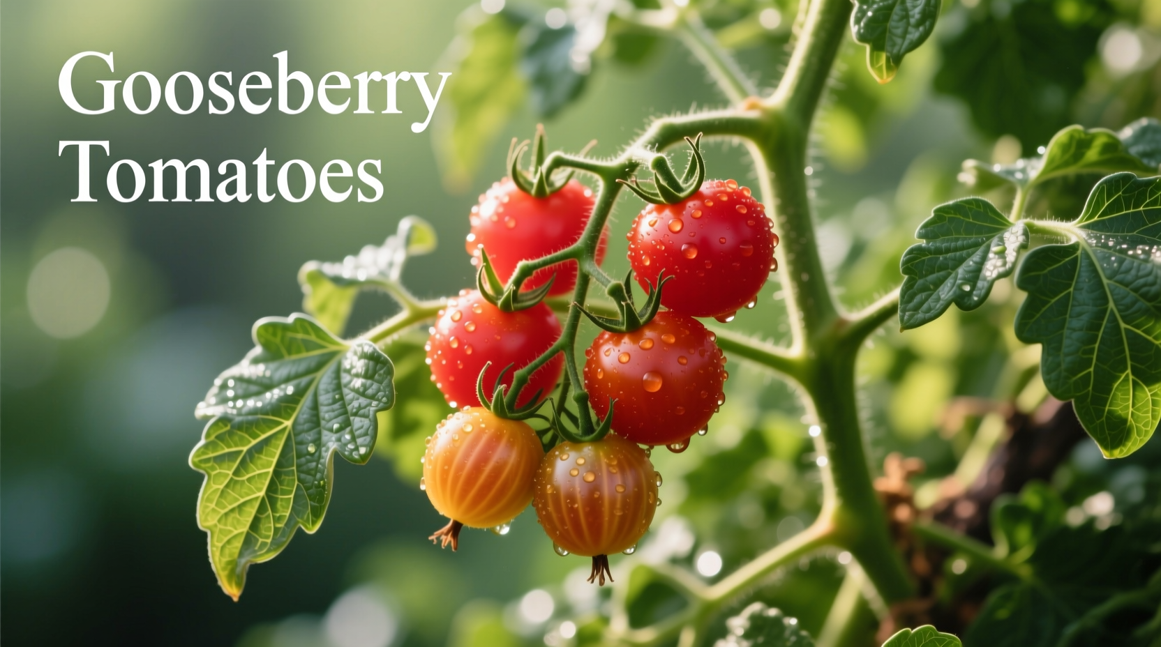 Gooseberry tomatoes on vine with delicate leaves