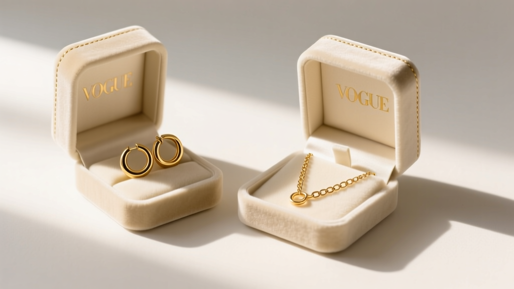 Flat lay of delicate 14k gold filled huggie hoops and paperclip chain necklaces in velvet wedding favor boxes, soft morning light