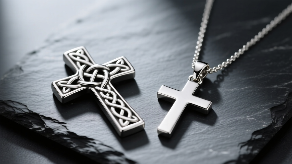 Close-up of a Celtic knot cross and a Latin cross necklace on dark slate, soft lighting highlighting the polished sterling silver.
