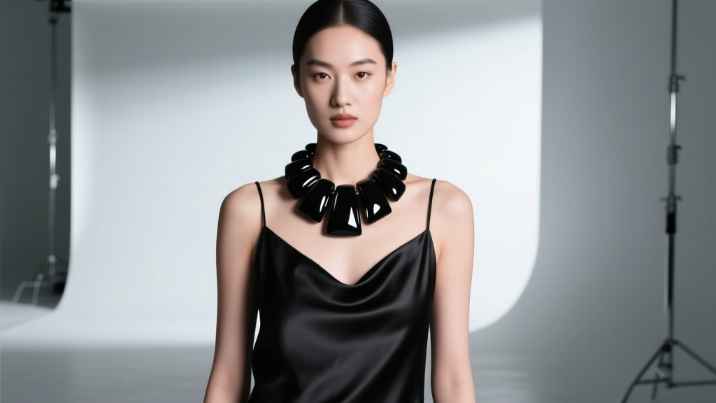 Model wearing a chunky black acrylic statement necklace over a minimalist black silk slip dress with soft directional lighting.