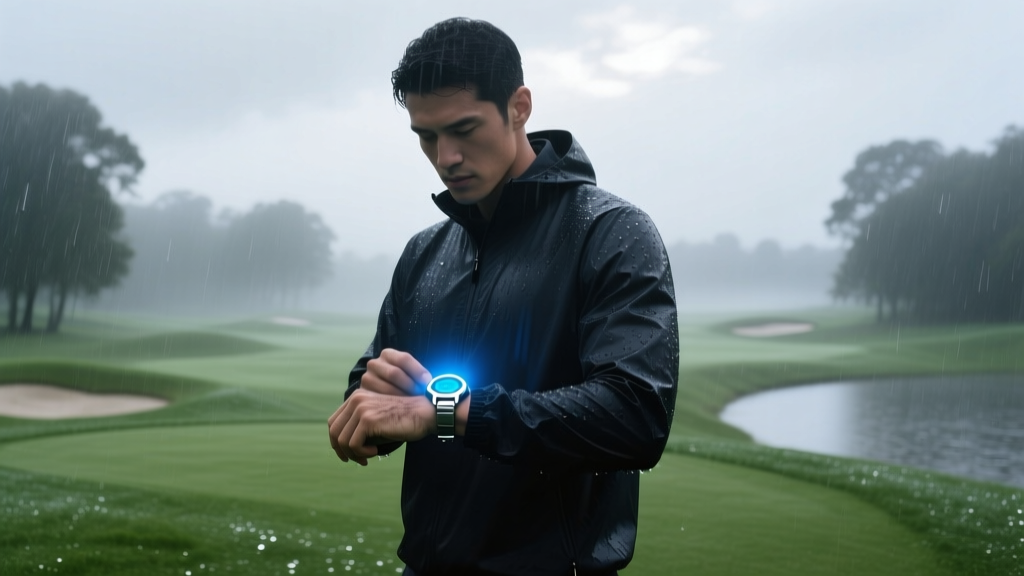 Male golfer in dark waterproof jacket checking a glowing GPS watch in heavy rain on a misty morning golf course.