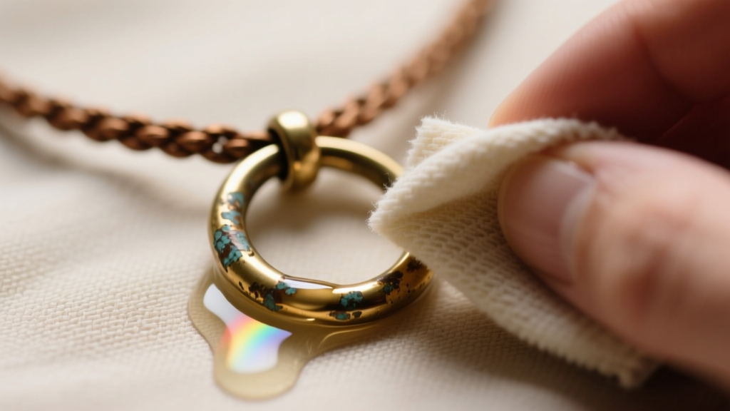 Macro shot of a tarnished brass jump ring on a fabric necklace being gently polished with a microfiber cloth and liquid cleaner