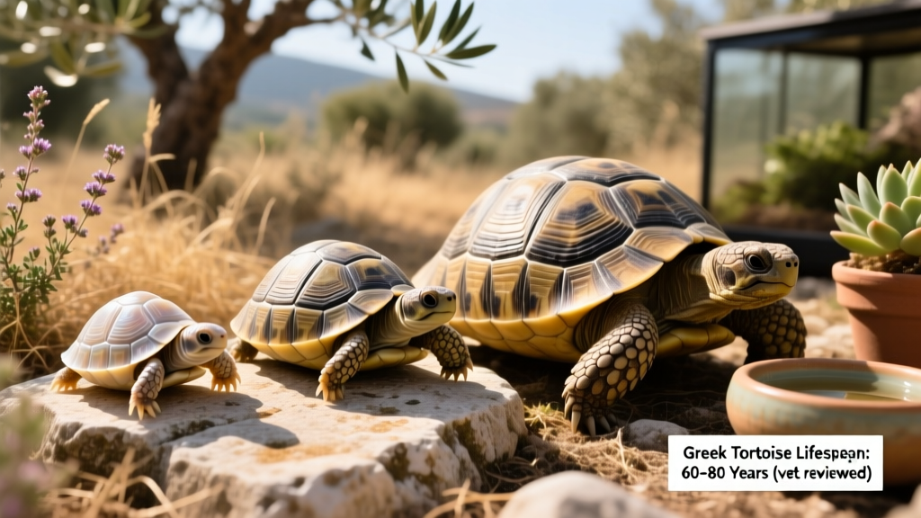Side-by-side comparison showing hatchling, subadult, and adult Greek tortoises to illustrate size and shell development differences