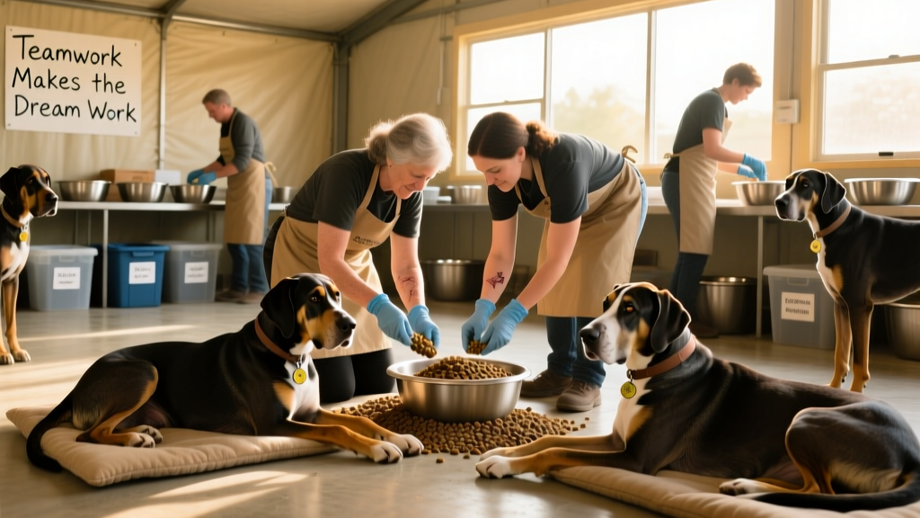 Volunteers preparing meals and distributing high-quality kibble to Great Danes at the temporary shelter