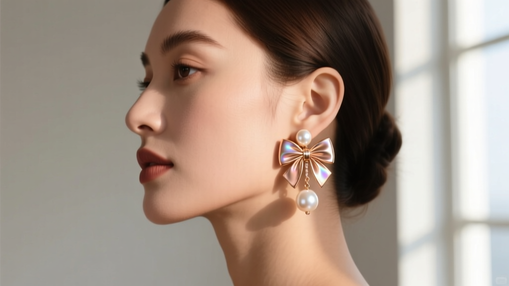 Woman wearing freshwater pearl and rose gold bow drop earrings in side profile, showing how the design flatters a round face shape.