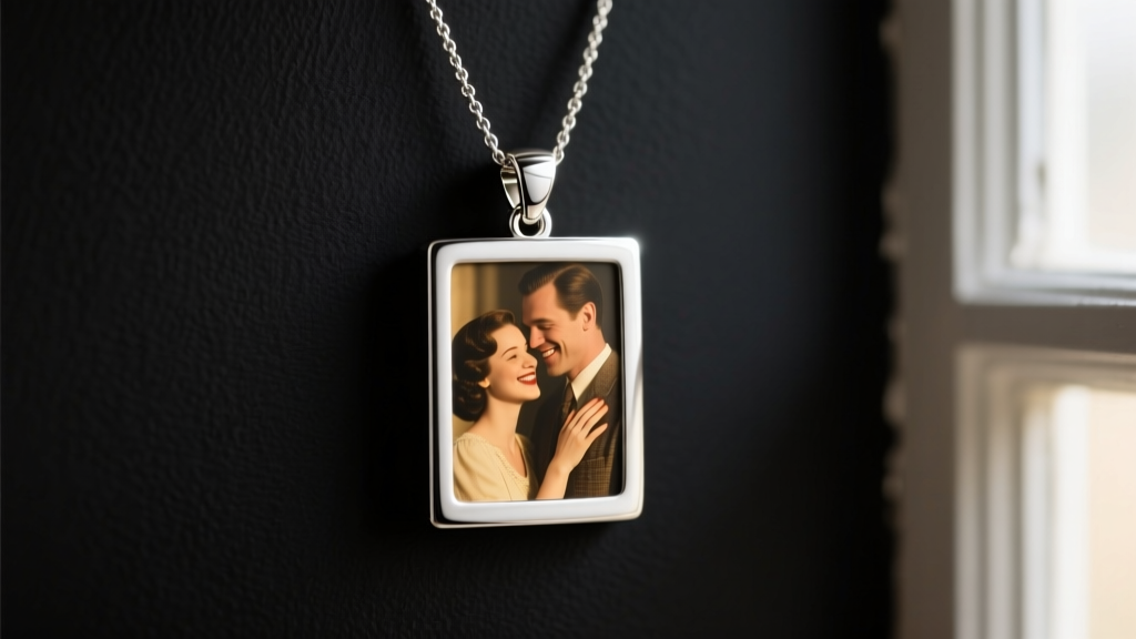 Macro photography of a silver projection photo necklace pendant glowing against a dark wall, revealing a crisp image of a couple