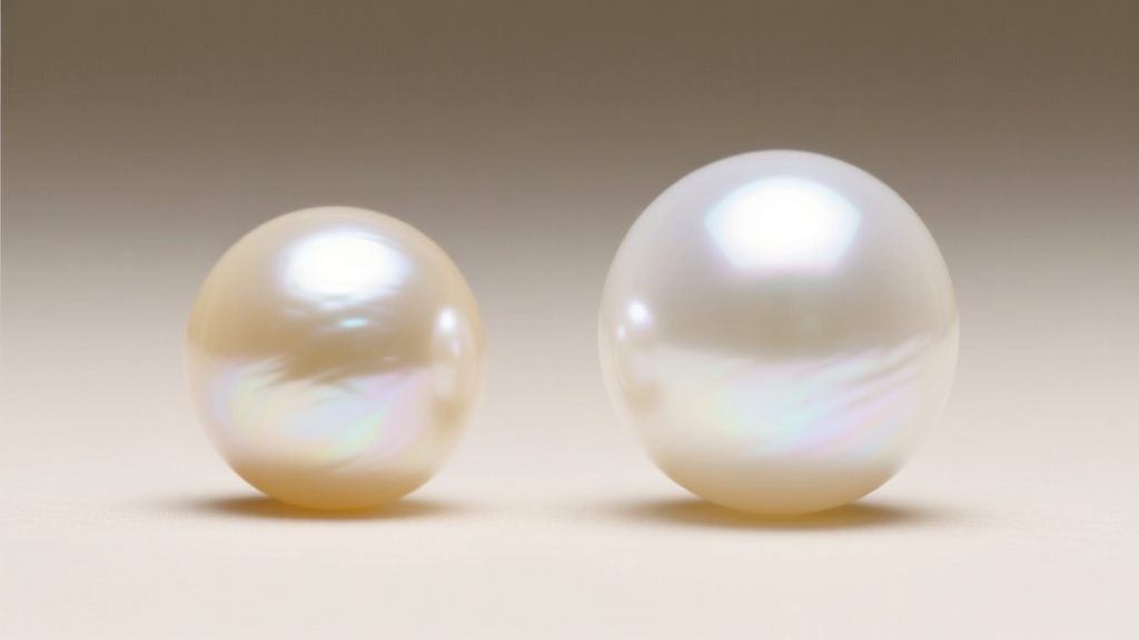 Macro view of an 8mm cream freshwater pearl and white Akoya pearl showing luster differences under soft studio lighting.