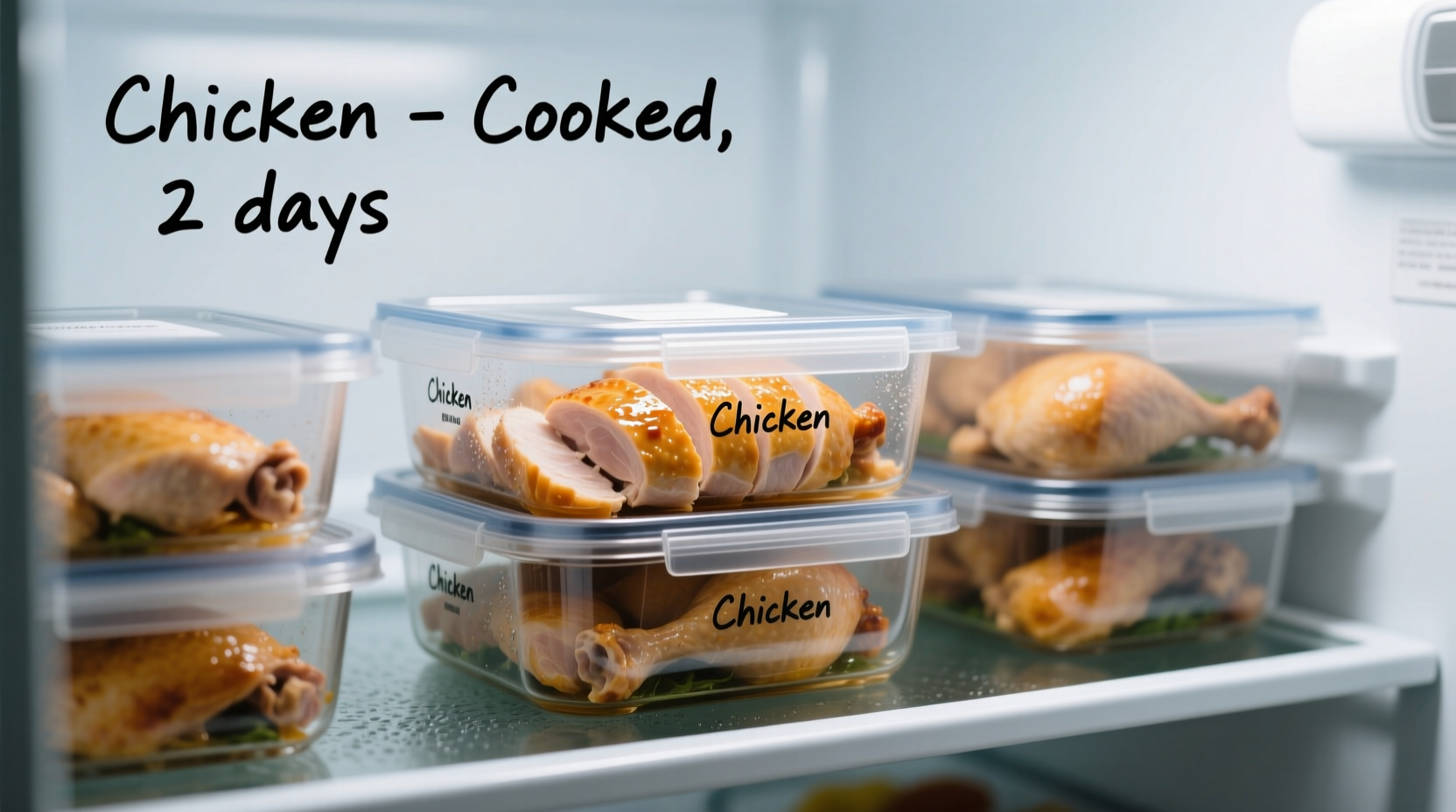 Properly stored cooked chicken in airtight containers in refrigerator
