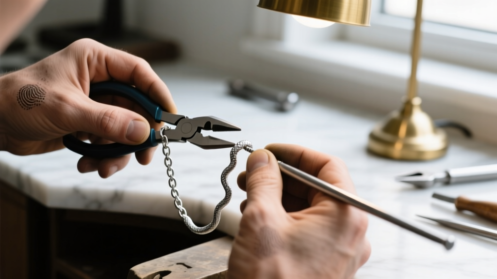 Close-up of a jeweler using flat-nose pliers and a steel mandrel to carefully roll out a minor kink in a silver snake chain.