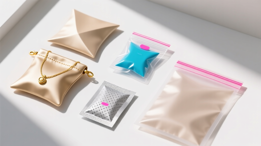 Flat lay of anti-tarnish pouches, silica gel packets, and ziplock bags used for organizing and protecting delicate gold necklaces
