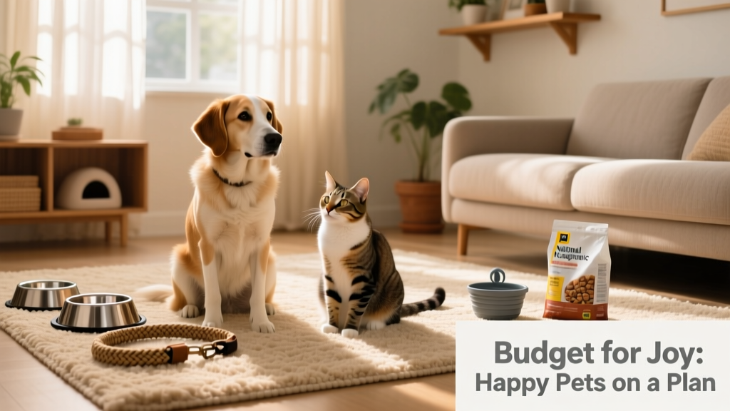 A calm, well-cared-for dog and cat sitting side by side on a cozy rug, surrounded by basic pet supplies like food bowls and a leash