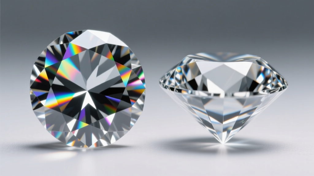 Macro view of moissanite and diamond facets, highlighting the distinct double refraction visible inside the moissanite gemstone.