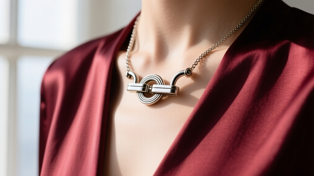 Macro shot of a magnetic slide clasp on a silk bolero necklace showing the interlocking metal mechanism under bright light