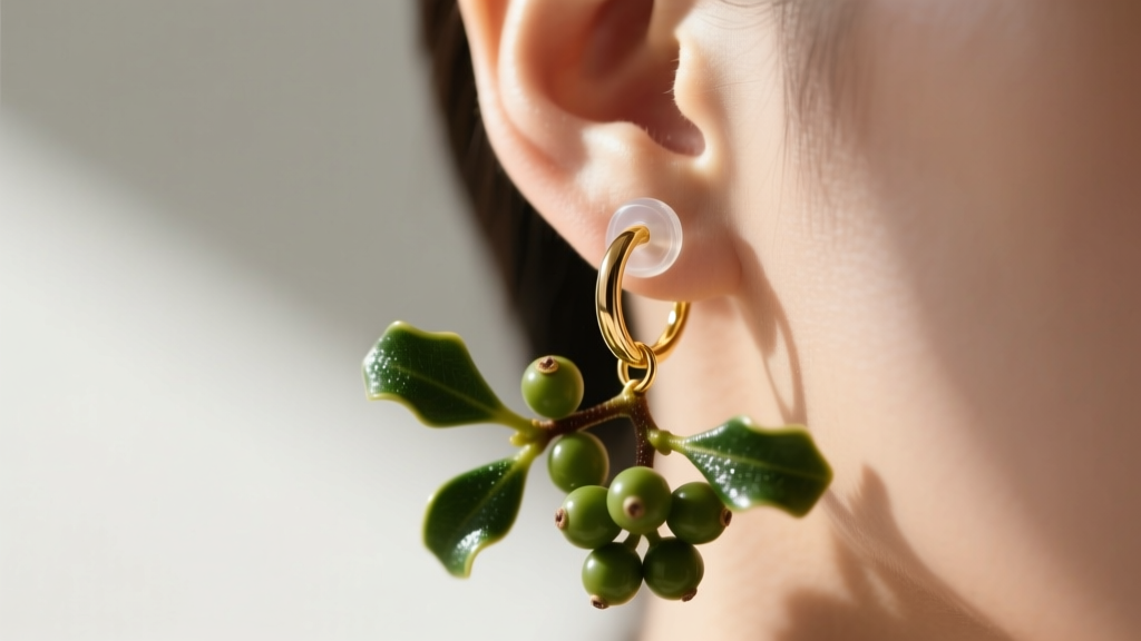 Side profile of an 18-gauge gold earwire supporting a heavy mistletoe earring, with a clear silicone backing securing the earlobe.