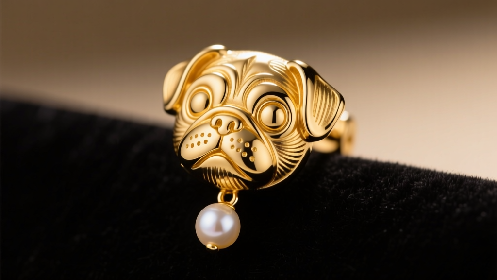 Macro shot of an 18k gold earring shaped like a pug wearing a tiny pearl drop, on dark velvet under warm studio lighting