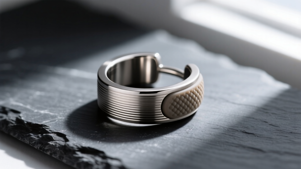 Macro shot of a brushed titanium ear cuff with a silicone grip on dark slate, highlighting the metal texture and matte finish.