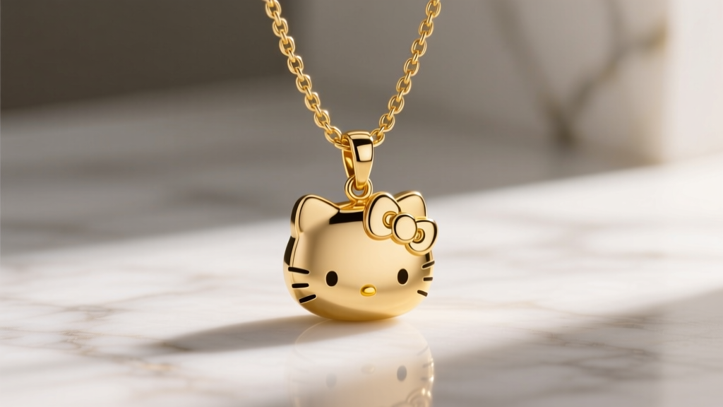 A 1.2mm 18k gold box chain threading through the bail of a 3D Hello Kitty pendant, showcasing the secure lobster clasp mechanism.