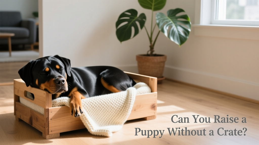 A calm, relaxed Rottweiler resting in an open crate with a soft blanket