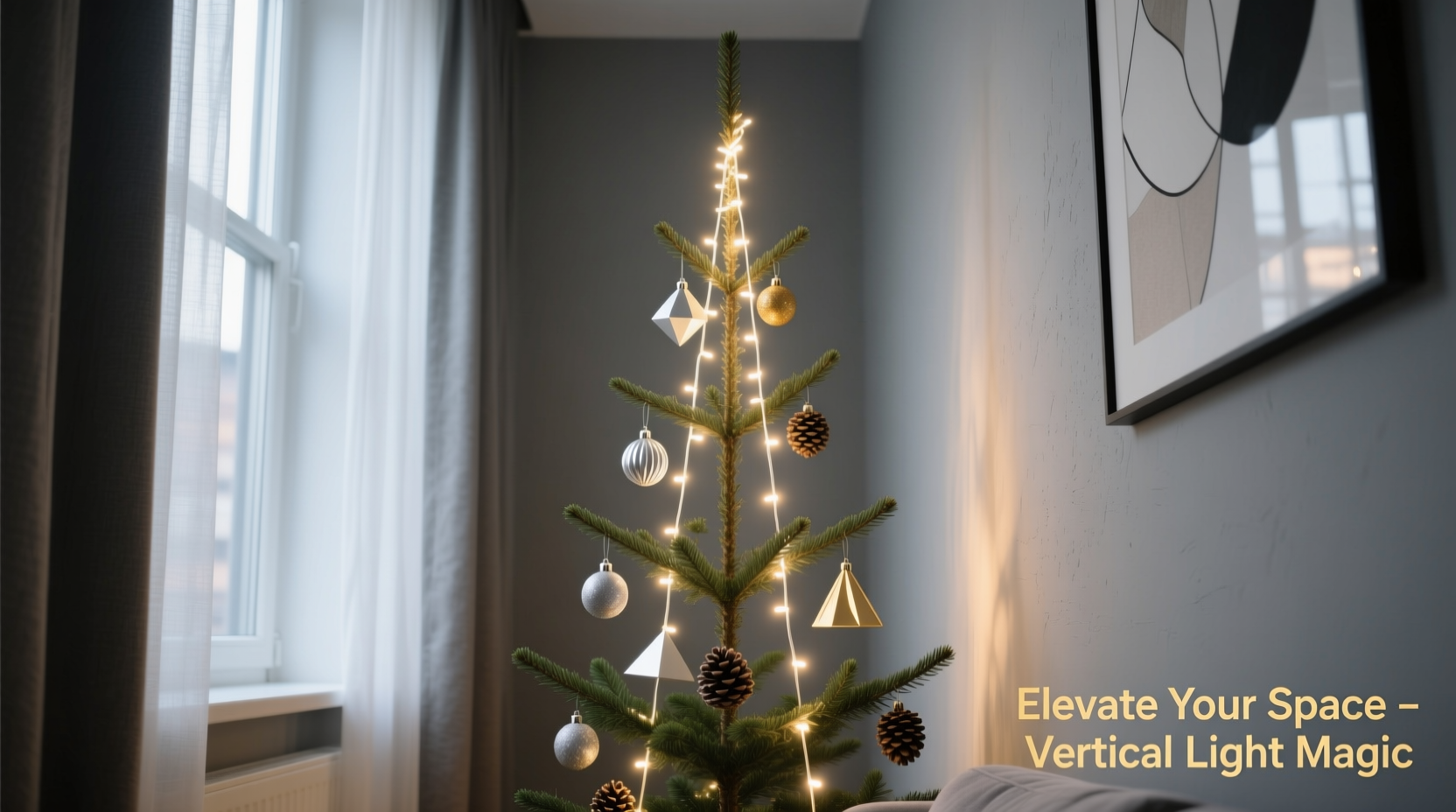how to style a slim christmas tree with vertical light strands for narrow spaces