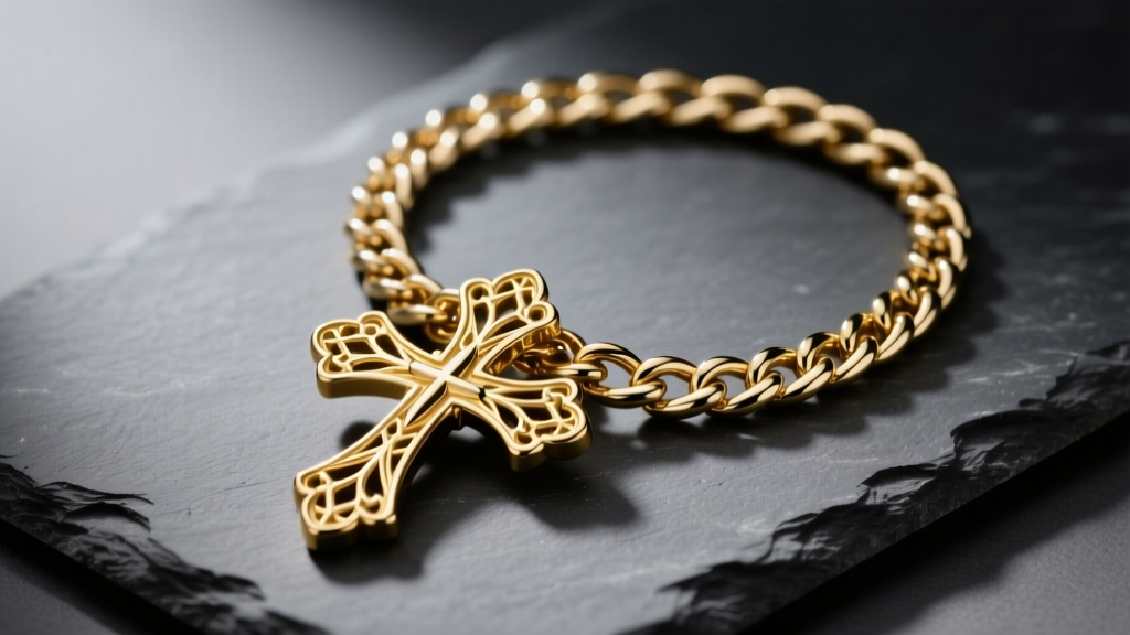 Thick 14k gold chunky cross necklace with gothic filigree on slate, paired with a 6mm Cuban chain under moody studio lighting.