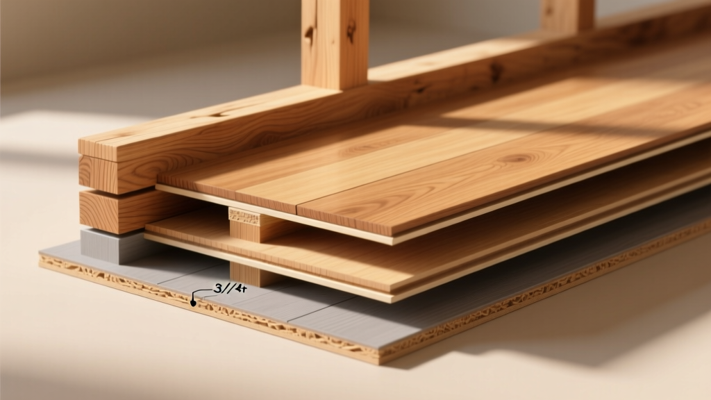 Cross-section diagram of structural tongue-and-groove oak hardwood flooring fastened to a 3/4-inch plywood subfloor over wooden joists