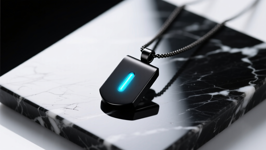 Matte black titanium electronic necklace pendant on dark marble, glowing with a cyan LED indicator under soft studio lighting.