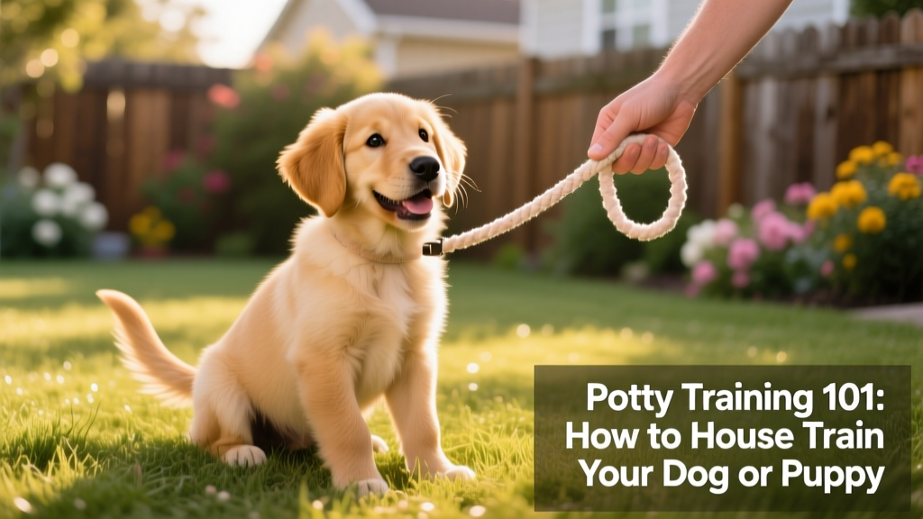 A happy puppy squatting on grass in a sunny backyard, with a leash gently held by an owner’s hand