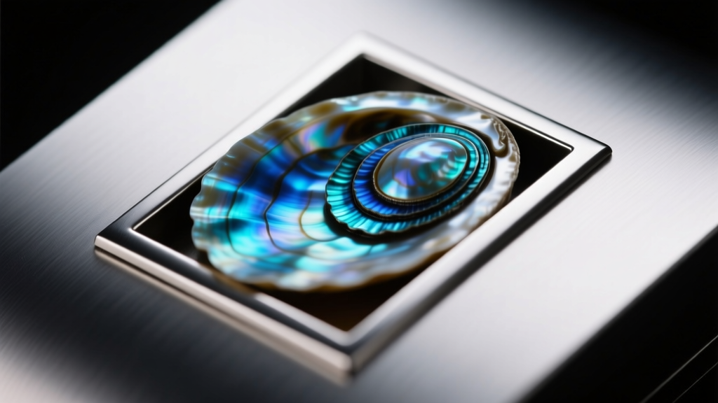 Close-up of an abalone shell inlay in titanium, showing iridescent blue layers and precise bezel edges under soft studio lighting.