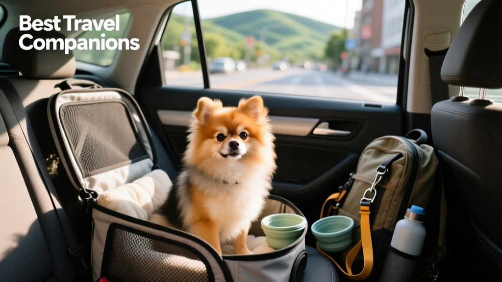 A relaxed small dog sitting calmly in a travel carrier inside a car