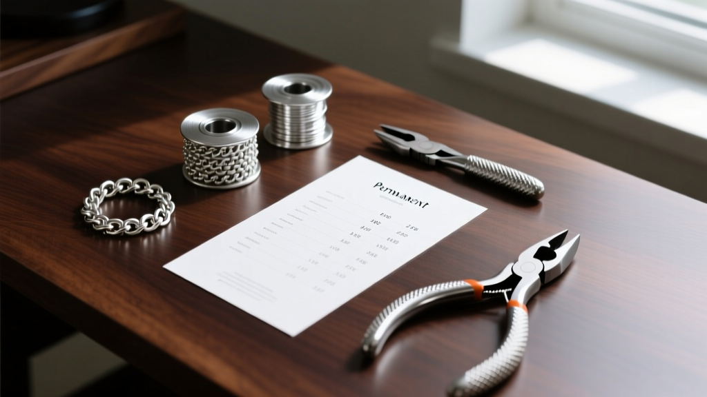 Flat lay of permanent jewelry supplies: silver chain spools, flush cutters, pliers, and a price chart on a dark wood desk.