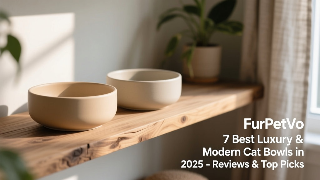 FurPetVo Ceramic Harmony Bowl Set featuring two matte-finish ceramic bowls in soft neutral tones on a wooden shelf