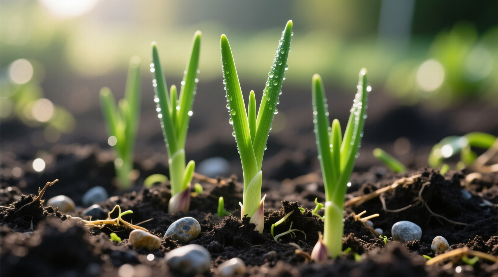 Garlic plants growing in garden soil with green shoots
