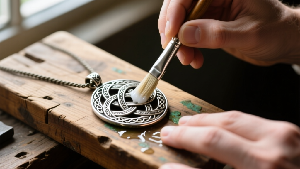 Hands using a soft brush and soapy water to clean recessed oxidized grooves of a Celtic knot silver pendant on a wooden workbench.