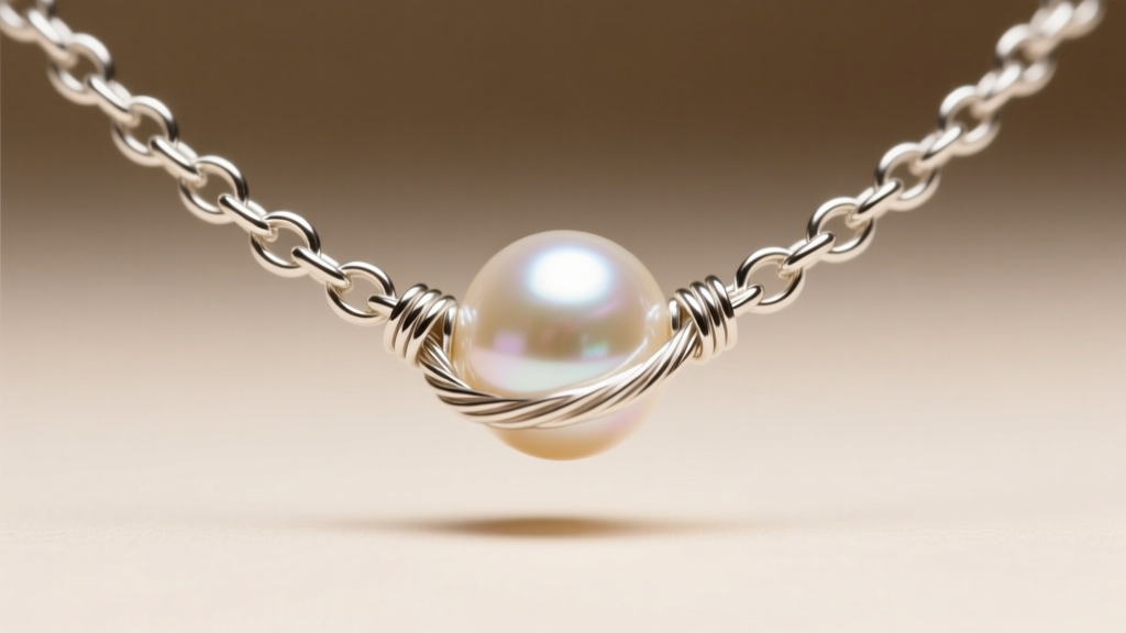 Macro shot of a 0.9mm silver cable chain threading through a 5mm pearl station, highlighting intricate wire wrap jewelry details