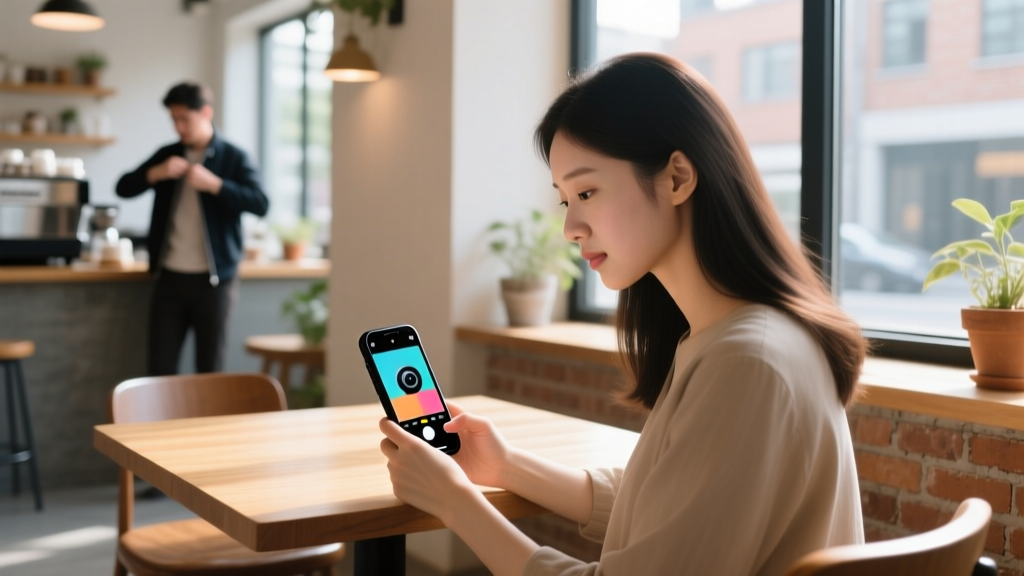 A smartphone screen displaying a hidden camera live feed while a woman reviews footage safely in a public coffee shop.