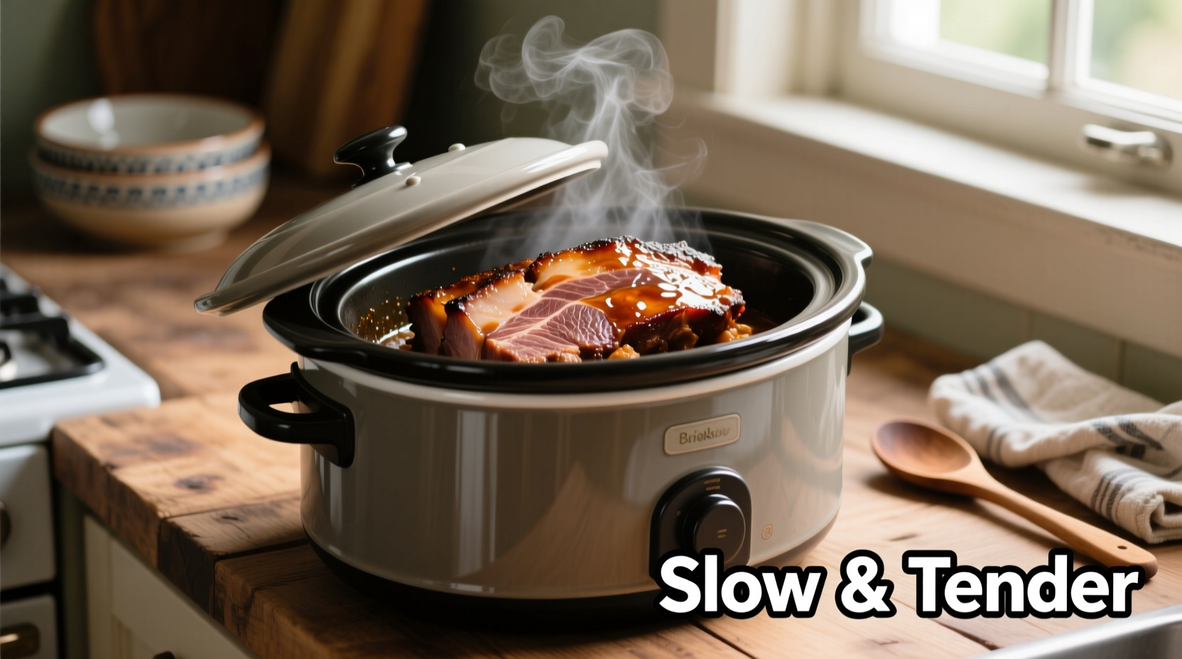 Slow cooker with perfectly cooked brisket showing tender texture