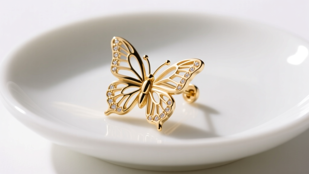 Close-up of a 14k gold earring post and butterfly backing resting on a white ceramic dish under soft, warm studio lighting.