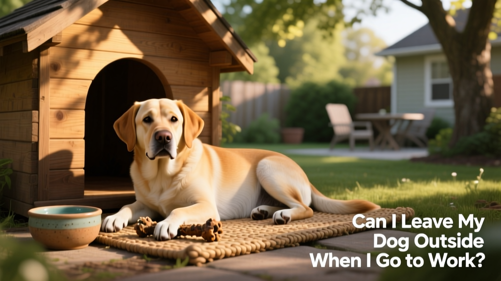 A calm Lab mix resting in her shaded dog house with a chew toy and water bowl nearby