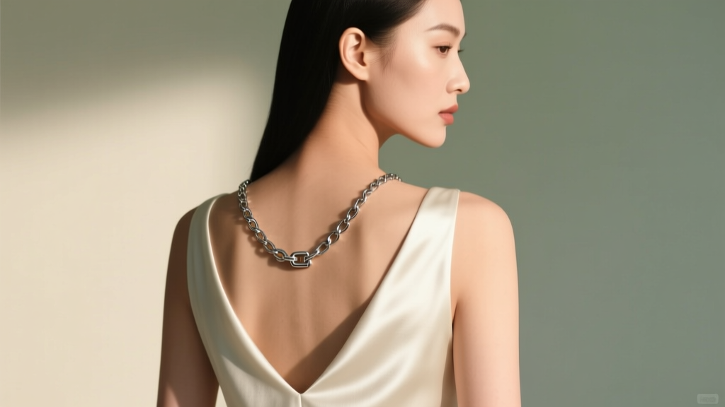 Woman wearing a titanium back chain for necklace over a backless silk dress, highlighting the metal drape and secure clasp detail.