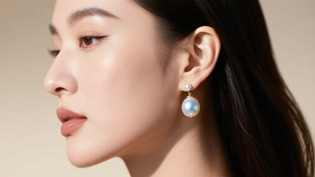 Side profile of a woman wearing 12 mm Edison freshwater pearl drop earrings, highlighting their bright luster in natural daylight.