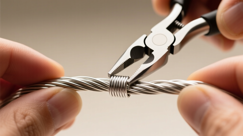 Hands using flat-nose pliers to secure a sterling silver crimp cover and wire guardian on 49-strand stainless steel beading wire