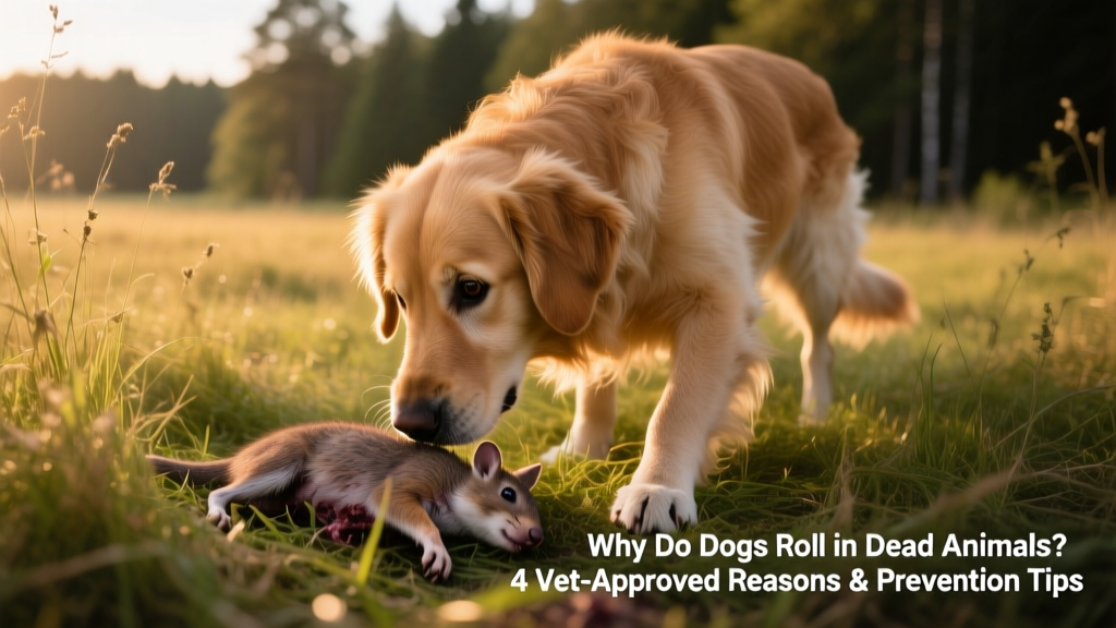 A curious dog sniffing a patch of grass near a small animal carcass outdoors