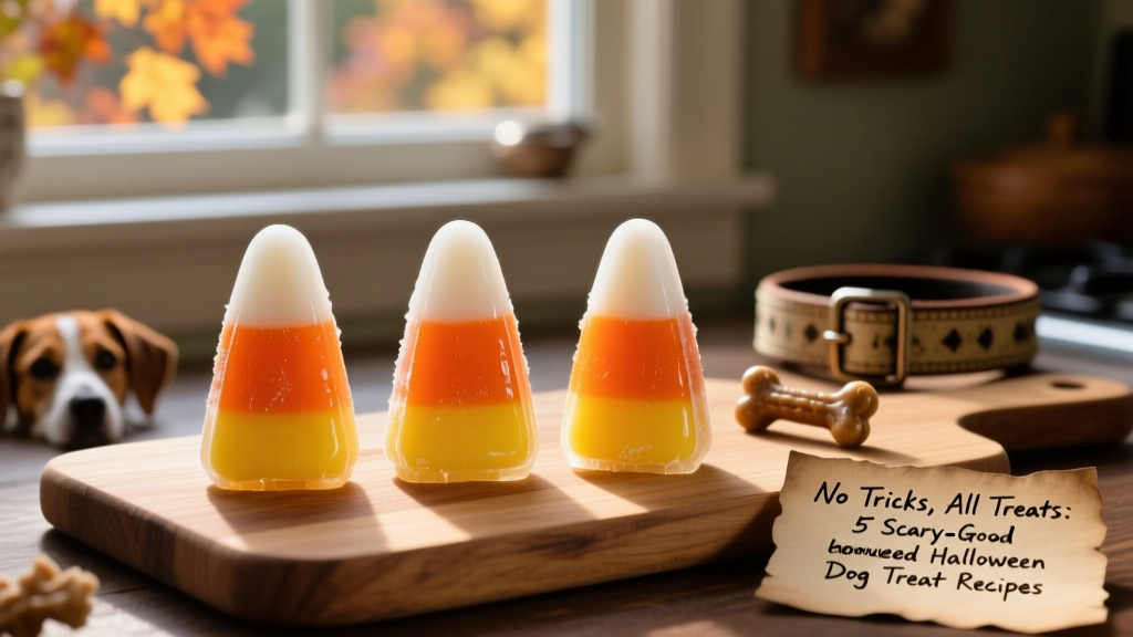 Three layered frozen candy corn bone treats side by side, showing orange, yellow, and white bands