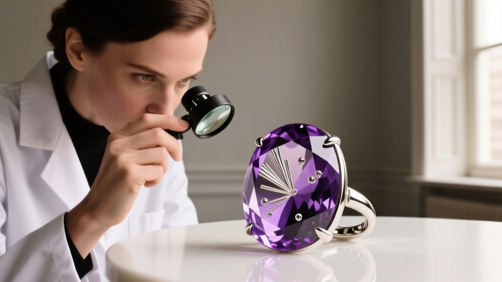 Gemologist using a 10x loupe to inspect color zoning and natural inclusions inside a large vintage amethyst cabochon earring.