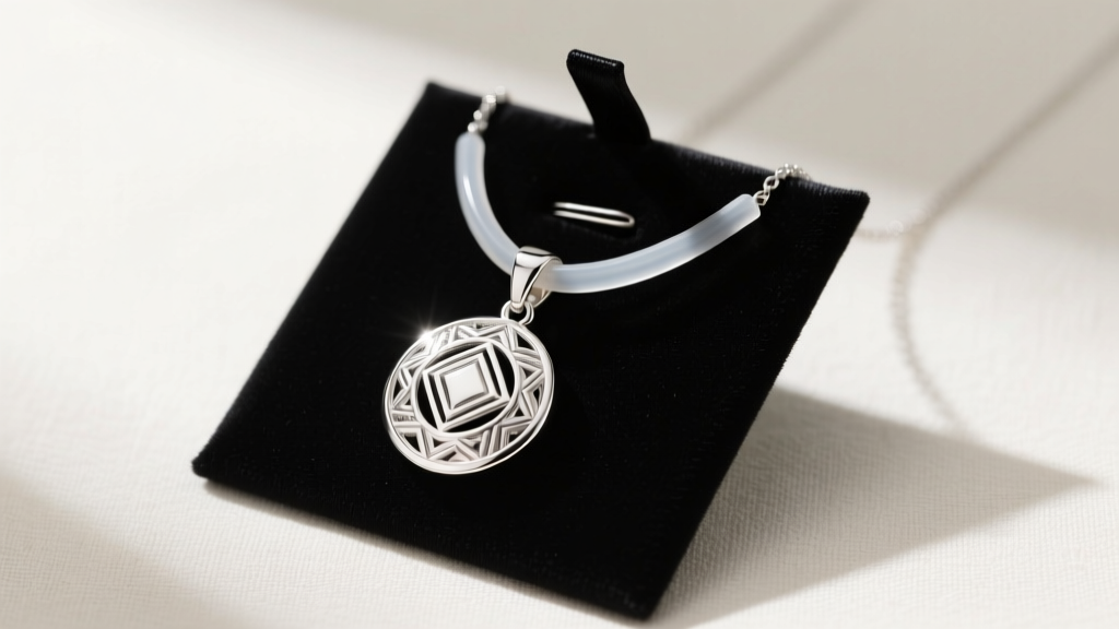 Flat lay of heavy sterling silver pendant necklace secured at the nape with a discreet matte-black bobby pin and silicone sleeve.