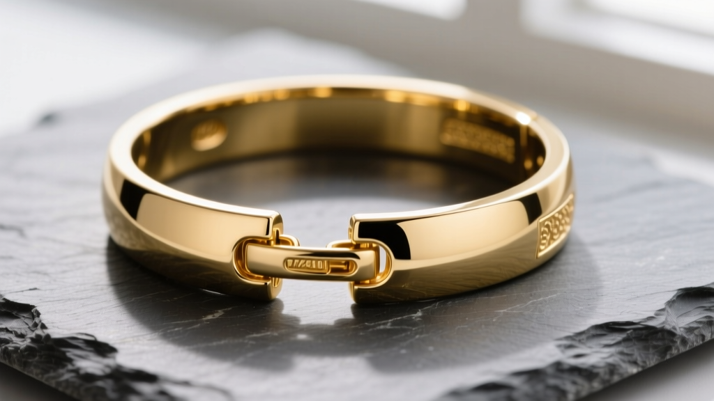 Close-up of a polished 14k yellow gold hinged cuff necklace on slate, highlighting the clasp mechanism and smooth metal finish.